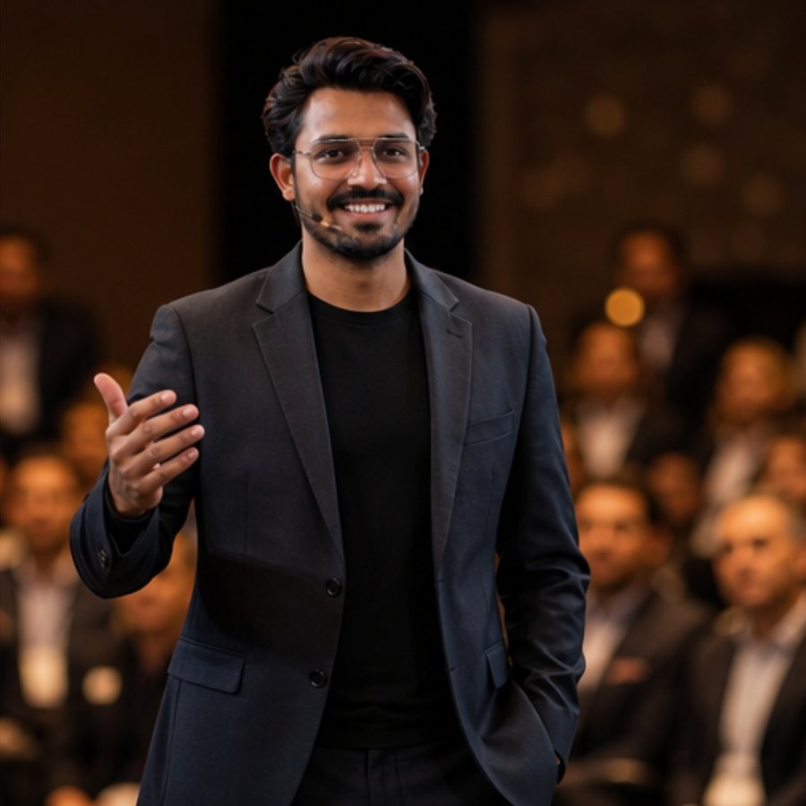 Rishabh Goyel speaking on stage about digital marketing